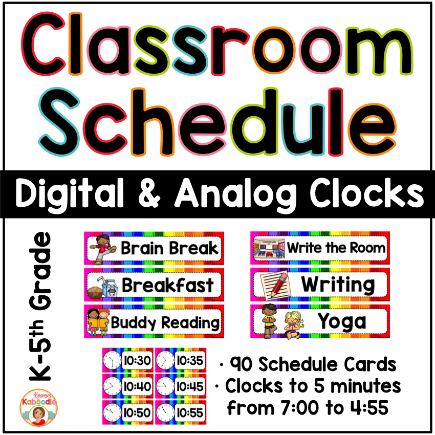 Classroom Schedule Cards And Clocks Rainbow Theme