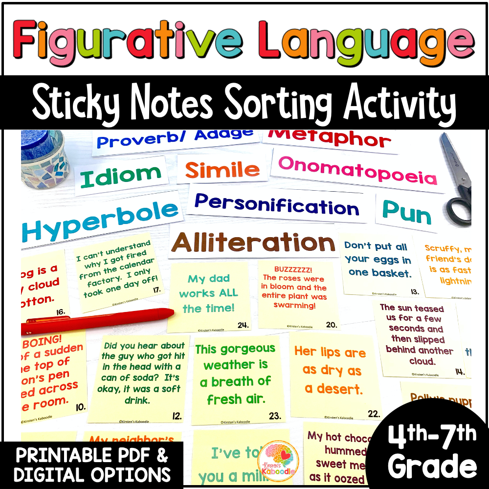 Figurative Language Sorting Activity on Sticky Notes 200 Notes